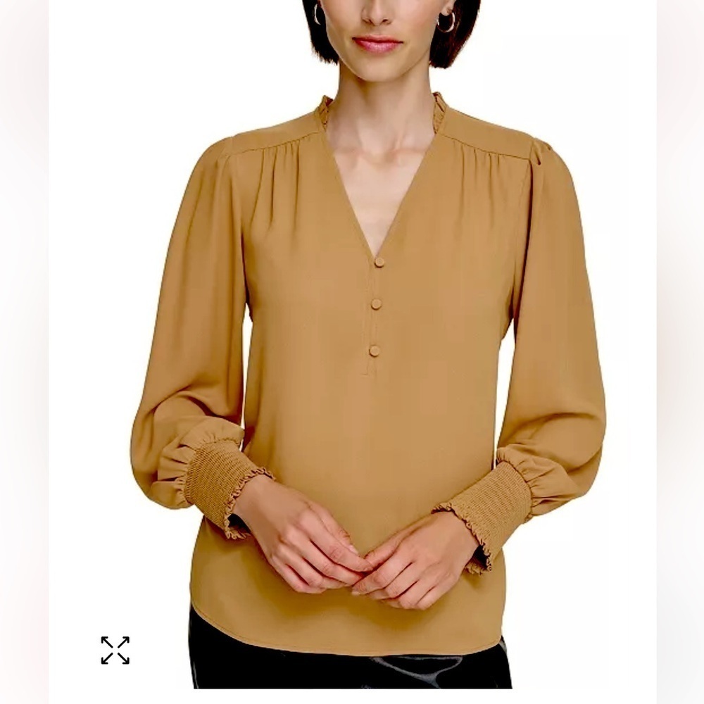 Calvin Klein Smocked Cuff Long-Sleeve V-Neck Top Blouse Camel Tan Large NWT